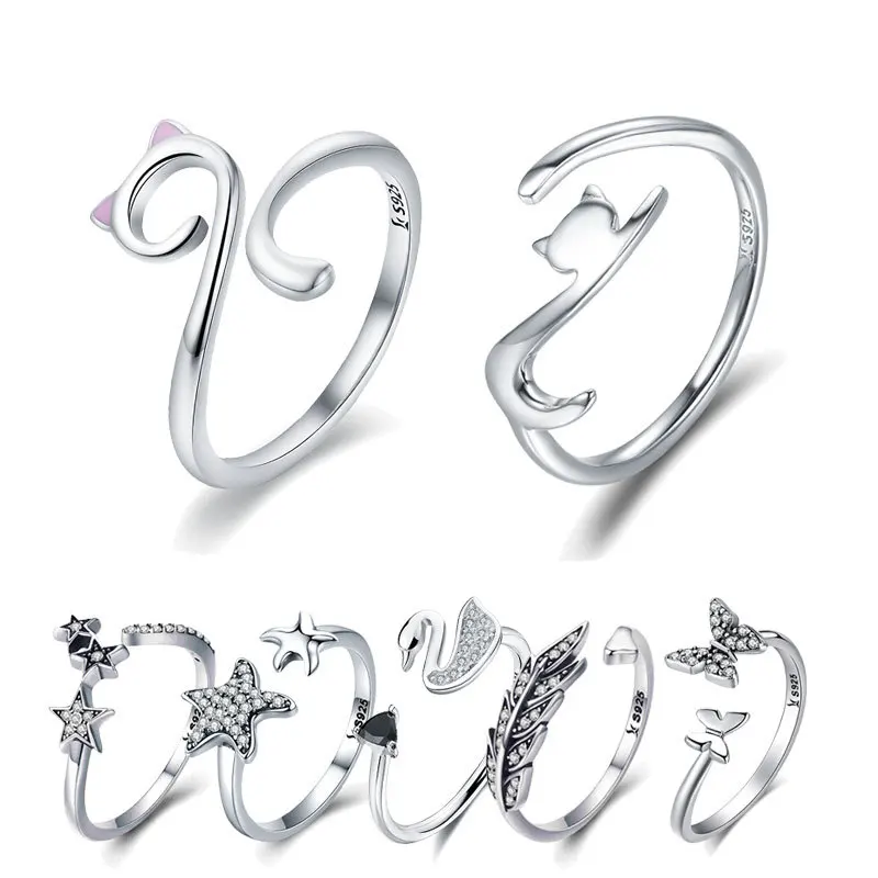 

BISAER Authentic 925 Sterling Silver Adjustable Dazzling Star Open Size Female Finger Rings for Women Fine Silver Jewelry GXR312