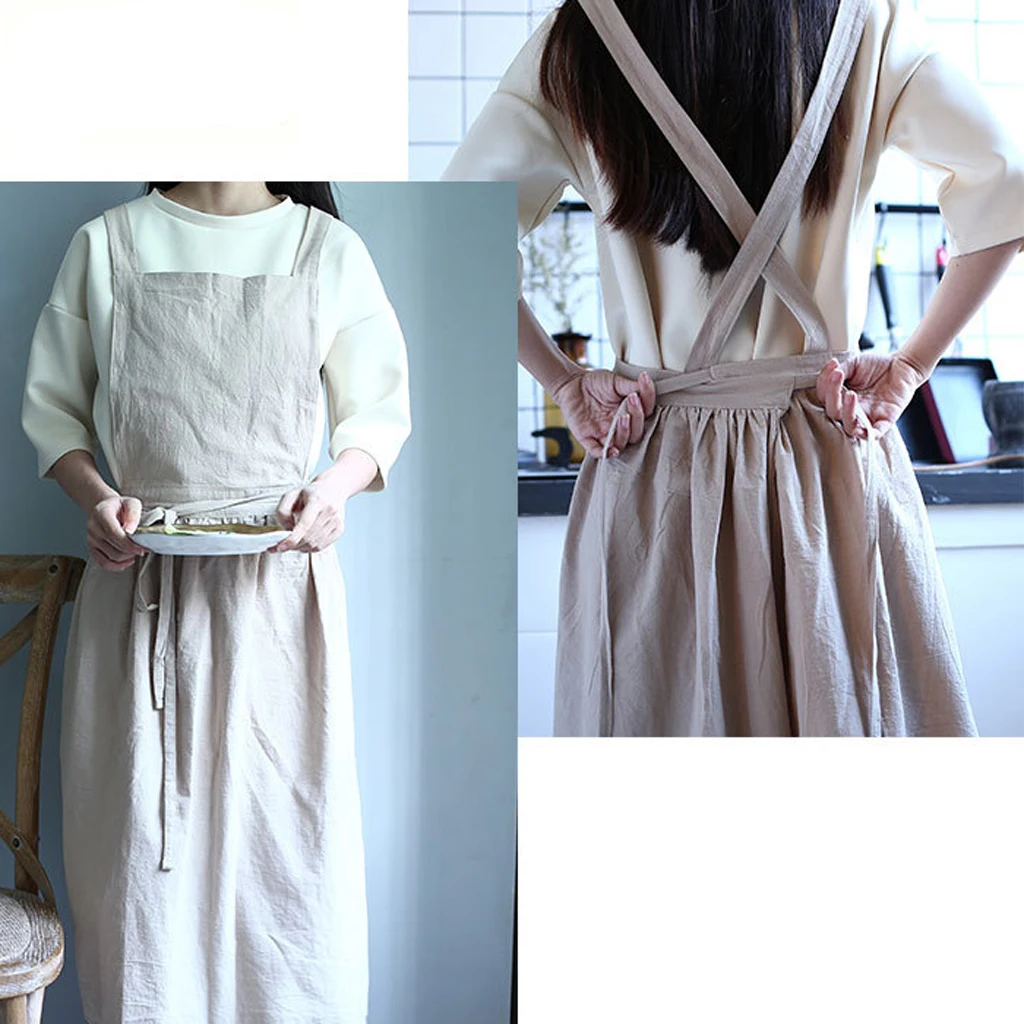 Retro Japanese Cotton Linen Apron Casual Craft Cooking Coffee Shop Workwear