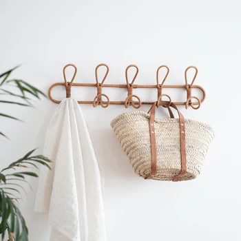

Large Vintage Rattan Clothes Hanger Kids Garments Organizer Rack Rattan Wall Hooks Clothes Hat Hanging Hook Room Decor