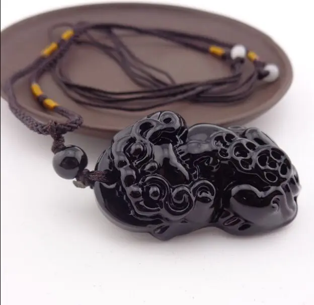 

Beautiful Handwork Black Obsidian Carved Chinese PiXiu Lucky Pendant + Beads Necklace Pretty Fashion Jewelry