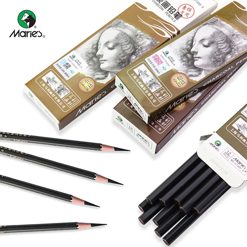 Marie's C7300 Professional Sketch Charcoal/Carbon Pencil 12pcs Soft/Medium/Hard/Extra-soft Charcoal Pens Painting Art Supplies