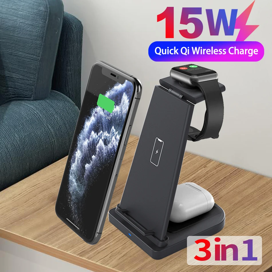 QI 3 in 1 Dock Support Station Wireless Wast Charger Holder For Apple Watch 5 4 2 iPhone 11 12 SE Pro Xs Max Samsung S10 S20 | Мобильные