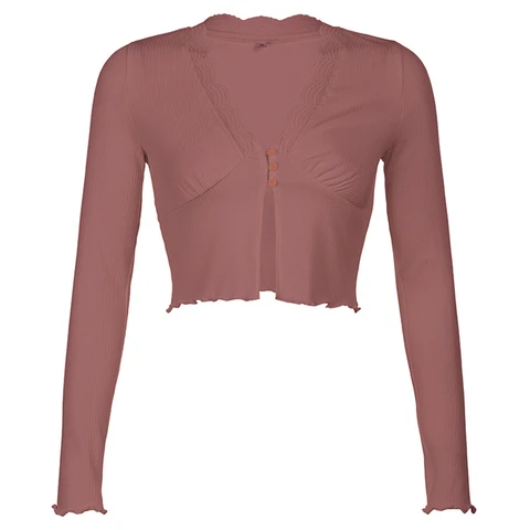 Sweet Deep V-neck Lace Trim Crop Tops Y2K Fashion Slit Hem Long Sleeve Brown T-shirts Vintage 90s Aesthetics Top