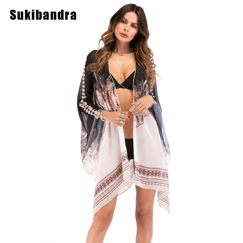 Sukibandra, летнее пляжное шифоновое кимоно большого размера, Женская богемная блуза с рукавом «летучая мышь», черная свободная накидка с принтом