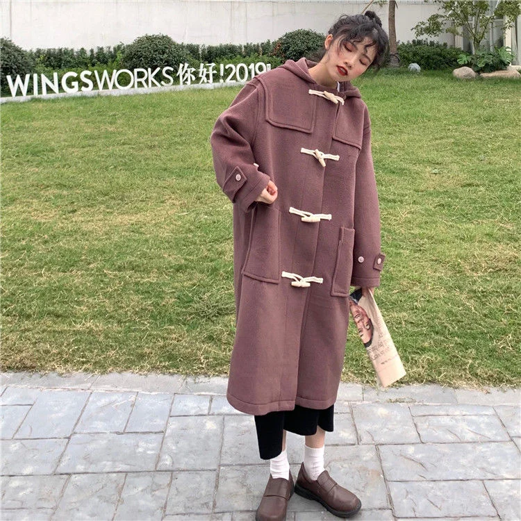 Women Wool Blends Korean Style Horn Button Elegant Hooded Preppy Girls Loose Autumn Winter Warm Cute Kawaii Casual Jacket best winter coats for women