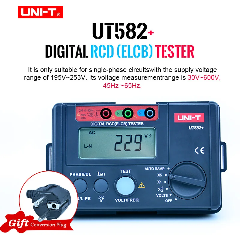 UNI-T UT582 + цифровой RCD (УЗО) тестер авто рампы автомат защити цепи утечки прибор для