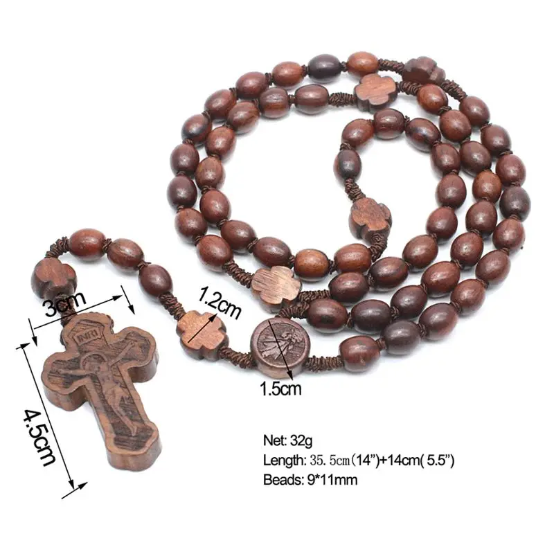 Деревянные четки ожерелье s крест кулон религиозная ручная работа круглые бусины католическое ожерелье для мужчин и женщин