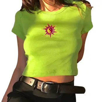 

Women Short/Long Sleeve Navel Crop Top Tai Chi Sun Embroidery Ribbed Knit T-Shirt Fluorescent O-Neck Slim Fit Streetwear
