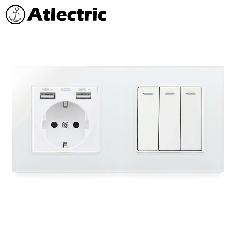 Atlectric DE EU Plug Power Socket Dual USB Port 1 2 3 4 Gang Light Button Switch Wall Socket Double Electrical Glass Outlet