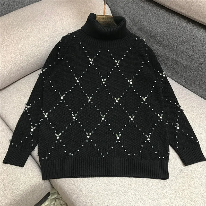 Best Price Luxury Designer Brand Knitted Sweatrer for Women High Collar Handwork Beading Diamonds Loose Knitted Pullover Sweater Best Price Luxury Designer Brand Knitted Sweatrer for Women High Collar Handwork Beading Diamonds Loose Knitted Pullover Sweater