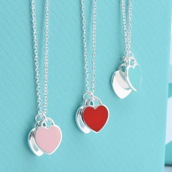 

Blue Enamel Necklace female red pink jubilant glue Sterling heart-shaped pendant New Year's clavicle Chain Gift