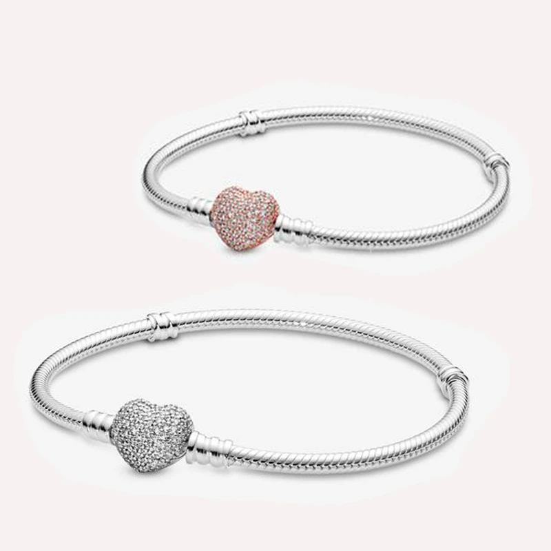 Pulsera Pandora brillante para mujer, de alta calidad, oro rosa, plata, con corazón pavé, cadena de dijes, cuentas, colgantes|Pulseras y brazaletes| - AliExpress