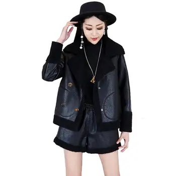 

Women 2020 Autumn Winter 2pcs Set Female Faux Leather Coat Short Lamb Jacket 2 Piece Set Top Shorts Both Side Wear Clothes T255