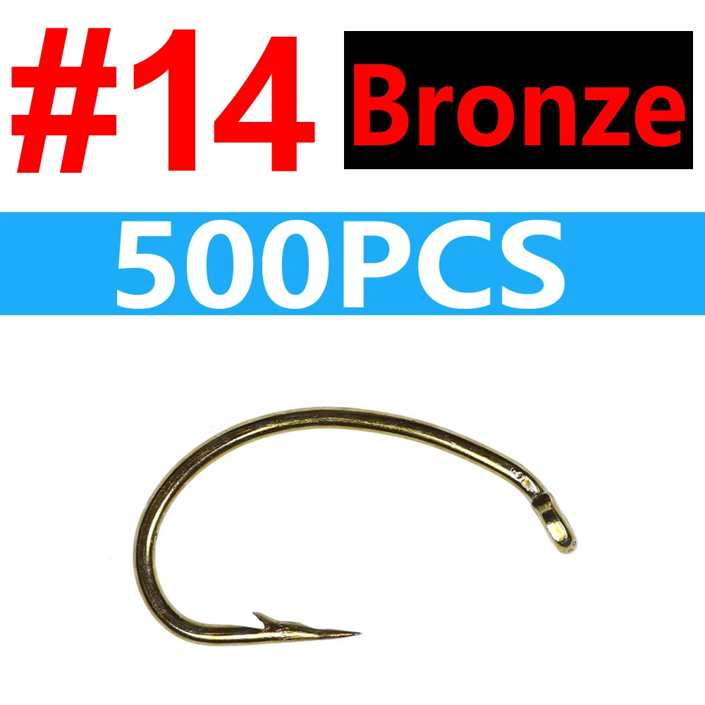 Bimoo, 500 шт., 1 проволока бронзового цвета, загнутый хвостовик, Scud, Nymph, крючок для завязывания мушек, Высокоуглеродистый крючок для рыбы, размер#10#12#14#16 - Цвет: Bronze 500pcs 14