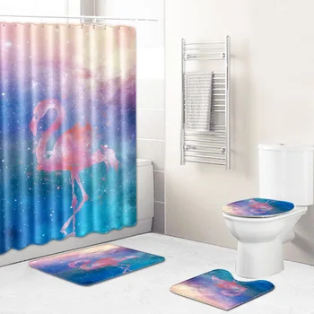 

ONGLYP 4pcs Shower Curtain Set 3D Cute Flamingo Bathroom Curtains with Hooks Non Slip Bath Mat Toilet Cover Rugs Mat Home Decor