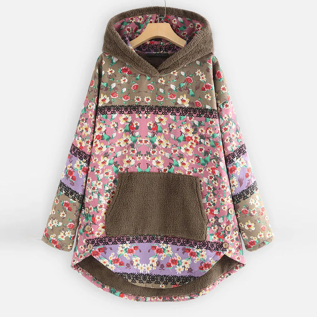 Большие размеры, женские флисовые толстовки Boho, зимние теплые лоскутные толстовки с цветочным принтом, толстовки с капюшоном с длинными рукавами и карманами