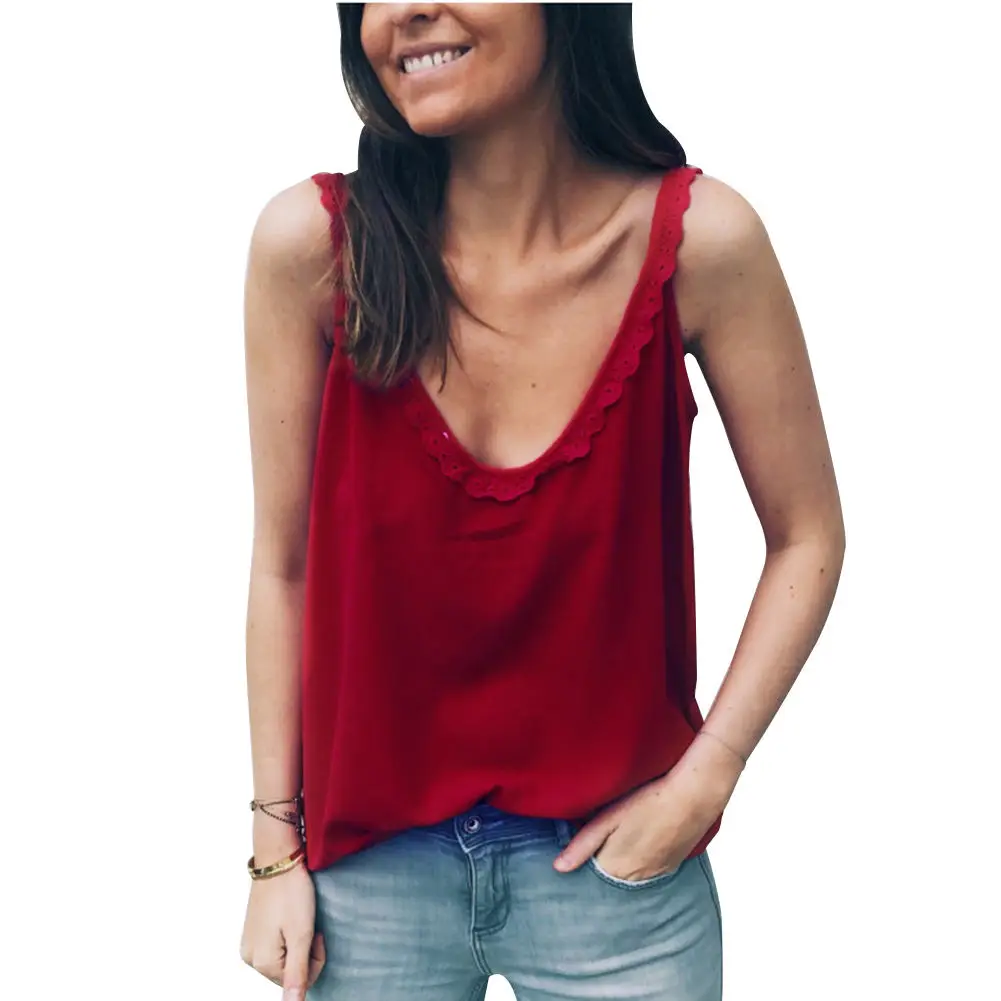 Red Женский жилет в стиле бохо Топ Cami Shirt Ladies Loose Fit V Шея кружевная блузка лето-MX8 - Цвет: Red