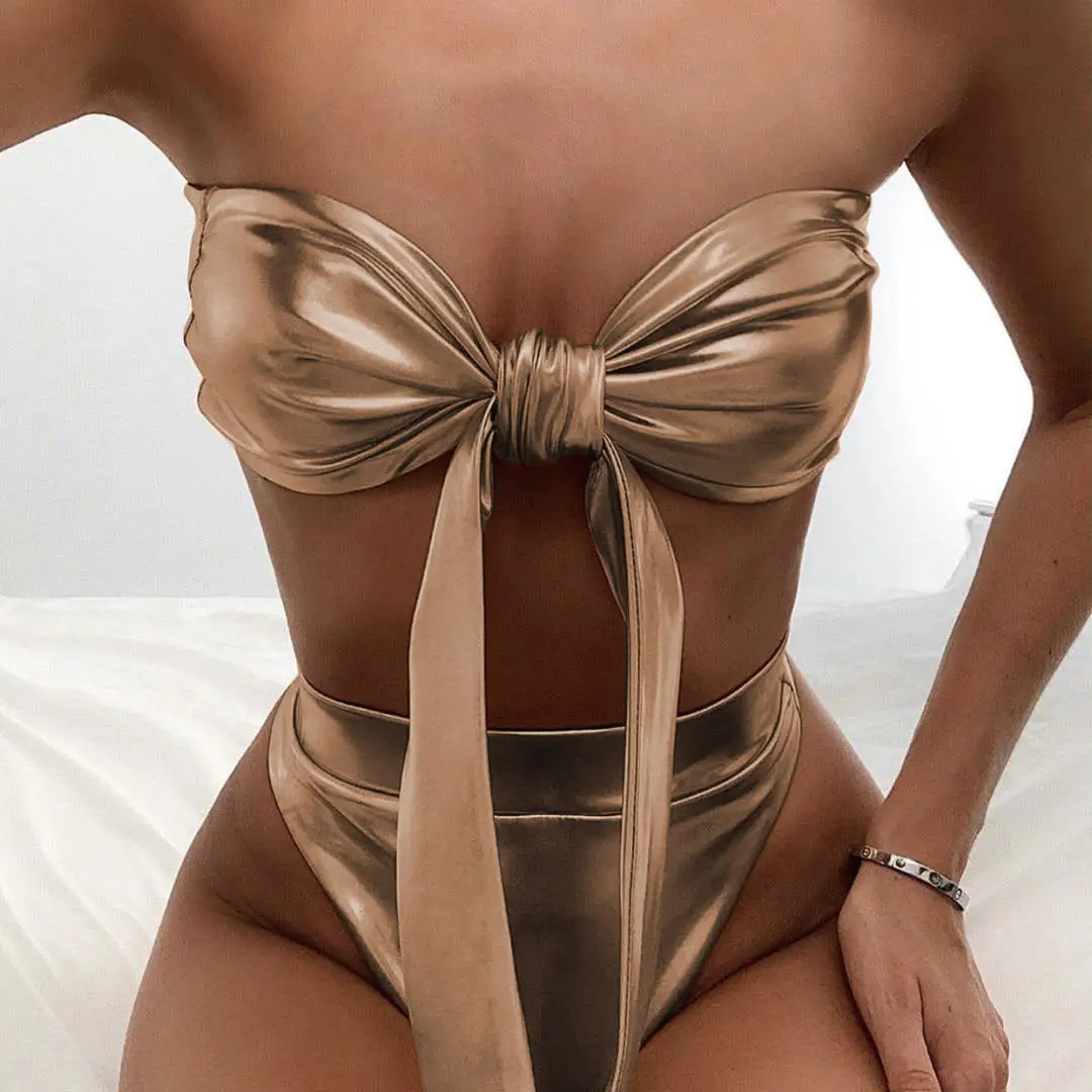 

Gold Bandeau Bikini High Waist Swimsuit 2019 Women Swimwear Two-pieces Bikini set Knotted Bather Bathing Suit Swim Wear K1627