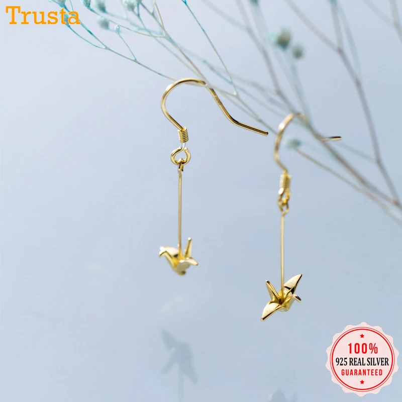 

Trustdavis 925 Sterling Silver Lovely Paper Crane Sweet Long Dangle Earrings For Women Girl Lady Fashion Silver 925 Jewelry DT53