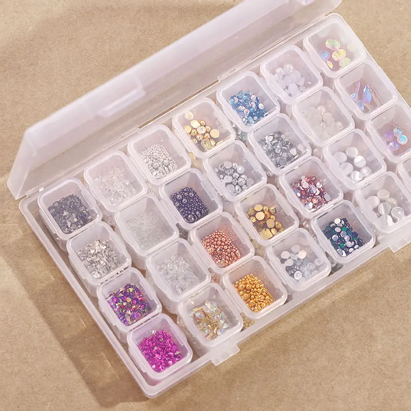 

New Mixed 28 Grid Pearl Rivet Steel Ball Shell Metal Rhinestone Full Set of Jewelry Box DIY Nail Decoration Accessories