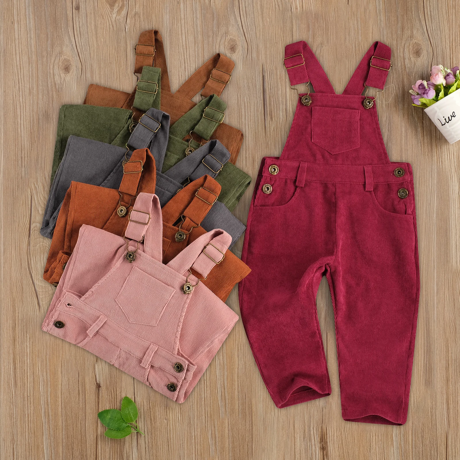 

1-5Y Autumn Kids Girls Corduroy Overalls Pants Solid Button Pocket Straight Trousers Outfits 5 Colors
