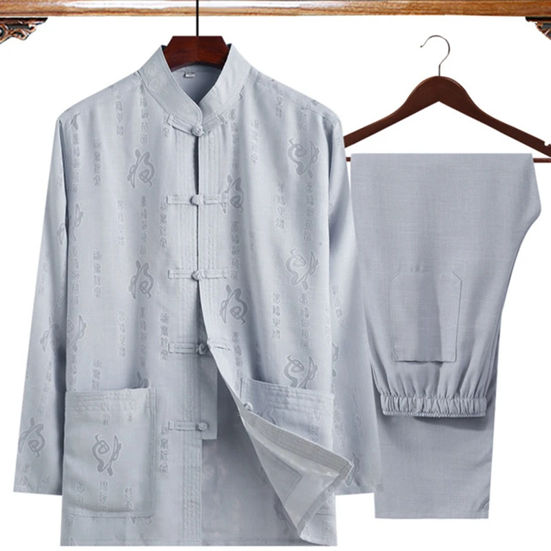Plus Size4XL(Long Sleeve Shirt+Pant)Pure Color Cotton Linen 2PcsSet Men Kung Fu Tai Chi Suit ClassicWu Shu Clothing For Father