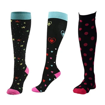 

3 Pairs Nursing Stretch Printed Hiking Travel Flight Women Compression Socks Fashion Stockings Soft Running Long Tube Sports