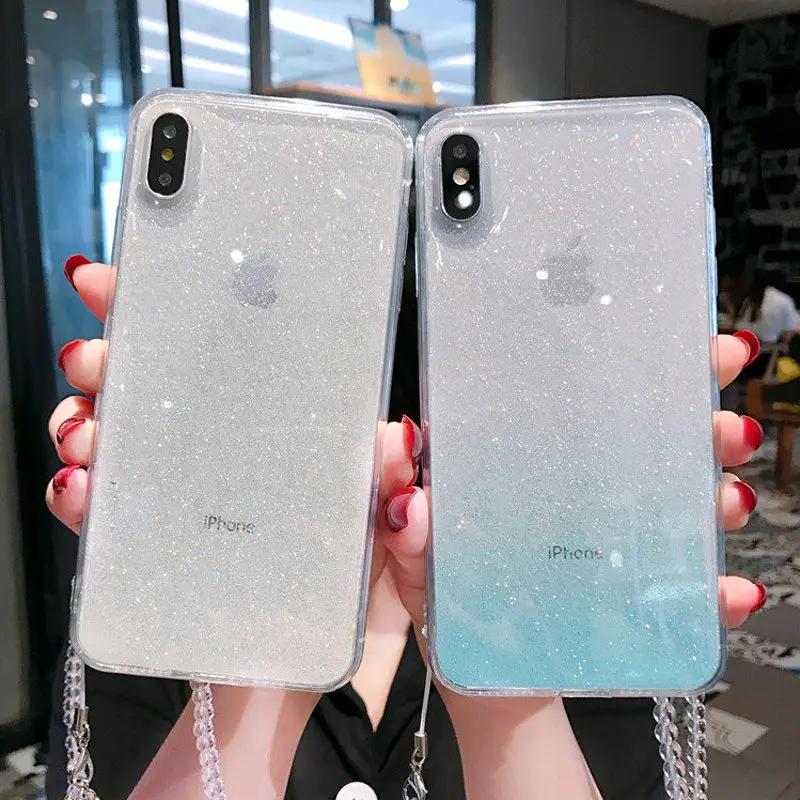 

Moskado Luxury Glitter Case For iPhone 7 8 6 6S Plus X XR XS Max Transparent Phone Cases with Lanyard Strap Soft TPU Back Cover