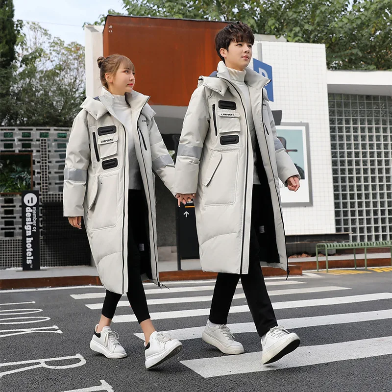 

Парные зимние длинные куртки на утином пуху, свободное пуховое пальто с капюшоном, парки, ветрозащитная теплая верхняя одежда для мужчин, пальто оверсайз для женщин