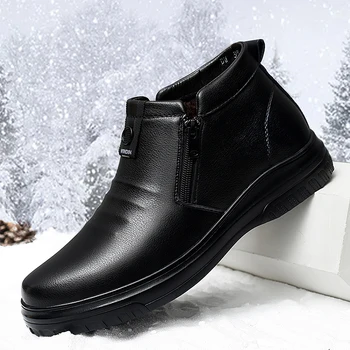 

2019 New Mens Fur Boots Winter Warm Ankle Boots Men Anti-Slip Casual Zipper Boots Men Comfortable Leather Boots Men Size 38-44
