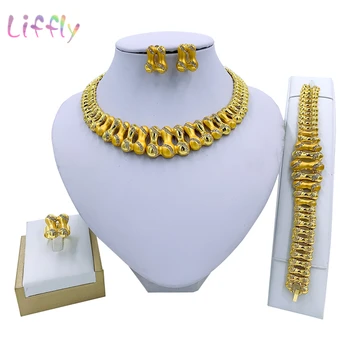 

Liffly Nigeria Jewelry Sets for Women Crystal Necklace Bracelet African Charm Bridal Earrings Ring Wedding Jewelry