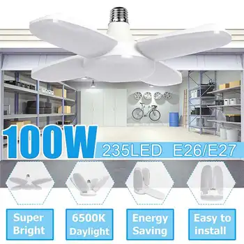 

LED Garage Lights Foldable E27 Bulb 4 Adjustable Fan Blades Deformable Ceiling Lighting 6500K AC85-260V for Workshop Warehouse