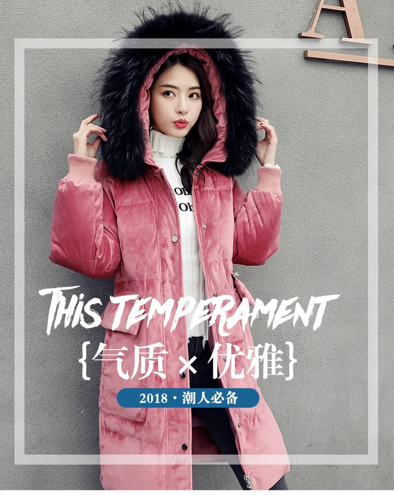 Manufacturers Direct Selling Gold Velvet Large Size Coat Korean-style Mid-length Loose-Fit Large Fur Collar Hooded White Duck do