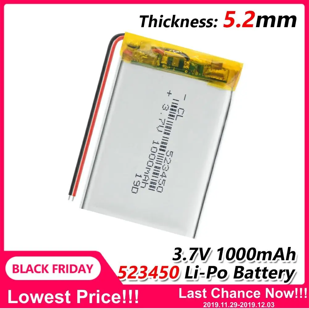

1/2/4 Pcs Durable 523450 1000mAh Lithium Polymer Batteries Rechargeable 3.7 V 1000mAh 523450 Lipo Battery For MP3 MP4 LED Lamp