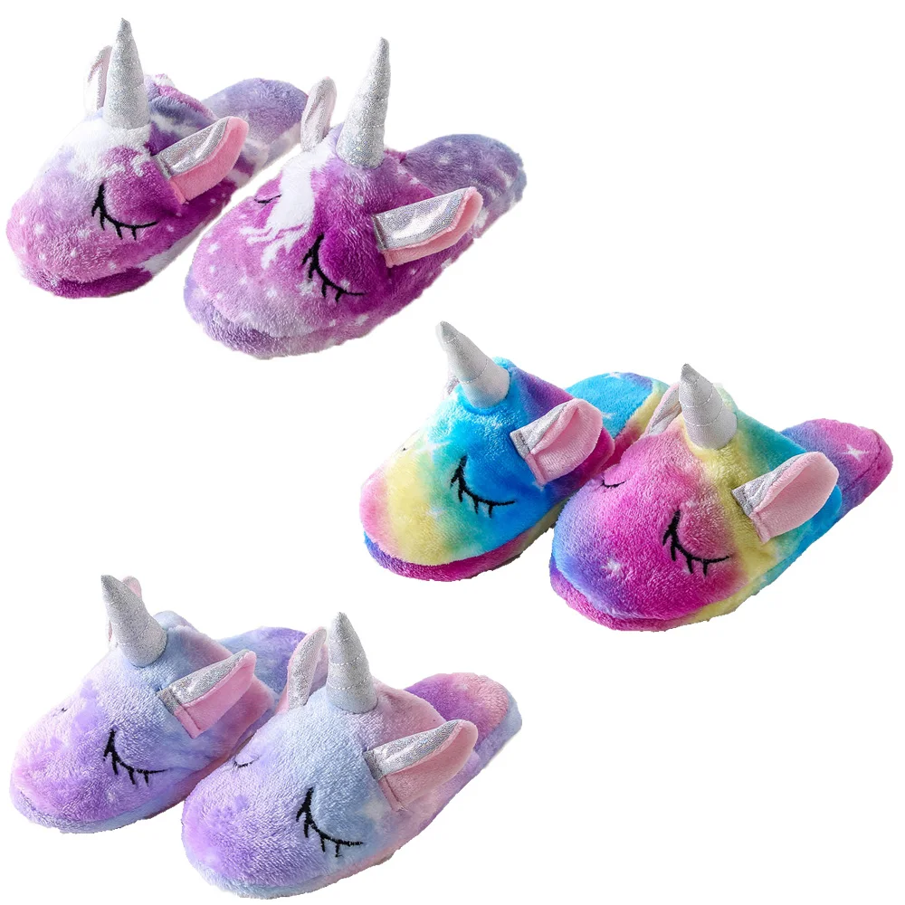 Zapatos de invierno con viñetas de animales para niñas, zapatillas de unicornio para casa