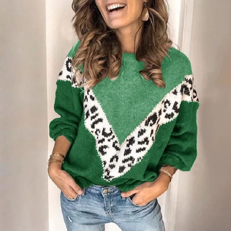 Свободный осенне-зимний свитер с леопардовой раскраской, Женский пуловер размера плюс, женские свитера, высокое качество, Вязанный свитер, джемпер размера d - Цвет: Green
