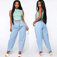 Women Mom Jeans Blue High Waist Solid Casual Loose Wide Leg Denim Pants Spring Autumn Female Large Size Befree