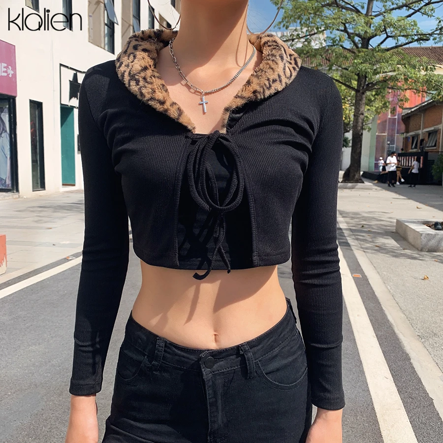 KLALIEN Patchwork Long Sleeve Drawstring Casual Crop Top 2020 hot sale Autumn Europe America Fashion Leopard Deep V-Neck top | Женская