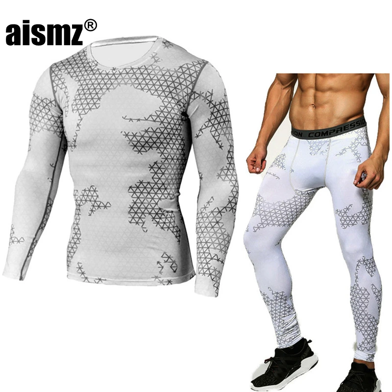 Aismz, камуфляжный спортивный костюм, мужское термобелье, с длинным рукавом, термобелье, ММА, Рашгард, набор, для мужчин, Кроссфит, компрессионная рубашка