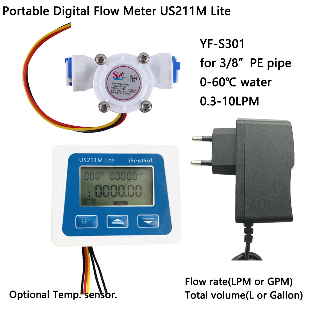 

US211M Lite Portable Digital Flowmeter and Turbine Water Flow Sensor Cheap YF-S301 0.3-10LPM Cold Water 60 Degree iSentrol