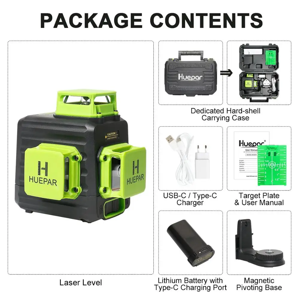 Huepar 12 Lines 3D Green Laser Level Horizontal And Vertical Cross Lines Auto Self-Leveling With Hard Case Indoors and Outdoors laser level