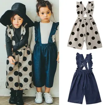 

Fashion Casual Overalls Toddler Girls One Piece Ruffle Romper Sleeveless Ruffles Dot Print Denim Blue 2 Style Autumn Bib Pants