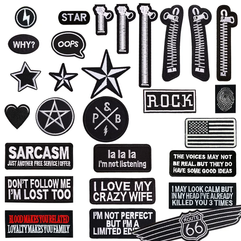 Description Picture 2 of itemNew Black White Letter Slogan Zipper Embroidered Iron on Patches for Clothing Star Heart Appliques Stripe Clothes Sticker Badge
