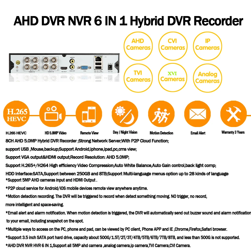 8-канальный AHD видео двухсторонний аудио рекордер H.265+ 5MP 4MP 1080P 8CH 6 в 1 гибридный видеорегистратор Wifi XVi TVi CVI IP NVR для CCTV AHD PTZ камера
