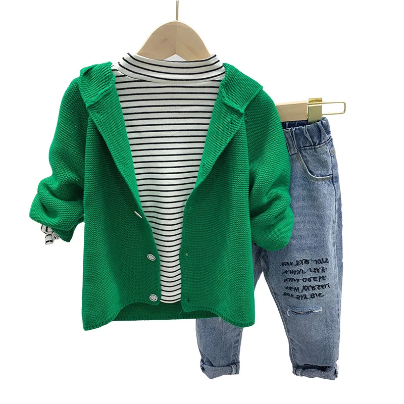 Conjunto de Roupas de Moda Amarelo e Rasgado Meninos Crianças Outono Suéter Listrado t Camisa Verde Jean Definir Roupas 2-7t 3pcs Wlg