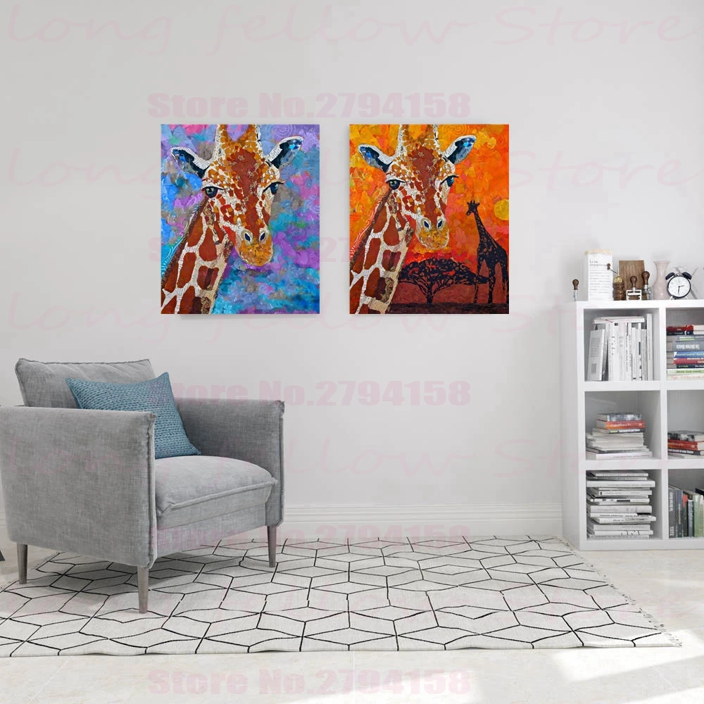 Многоцветный холст с рисунком жирафа животных для детской спальни прихожей домашний декор абстрактное произведение искусства Прямая