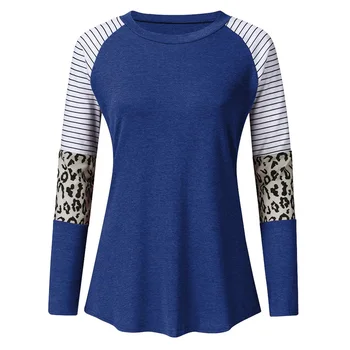 

Loose Comfortable Soft Splice Leopard Stripe Crew Neck Autumn Spring Office Women Tops Casual Long Sleeve Travel Daily