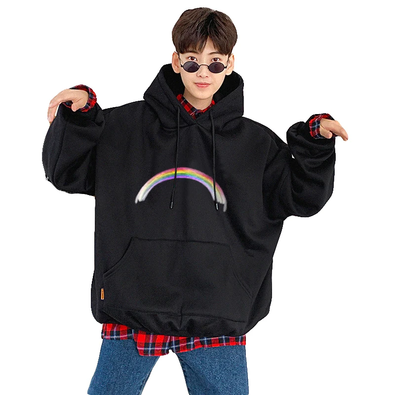 

2021 Autumn Winter Fun Rainbow Print Hoody Oversized Harajuku Unisex Pullover Sweatshirt Hip Hop Simple Plain Black Streetwear
