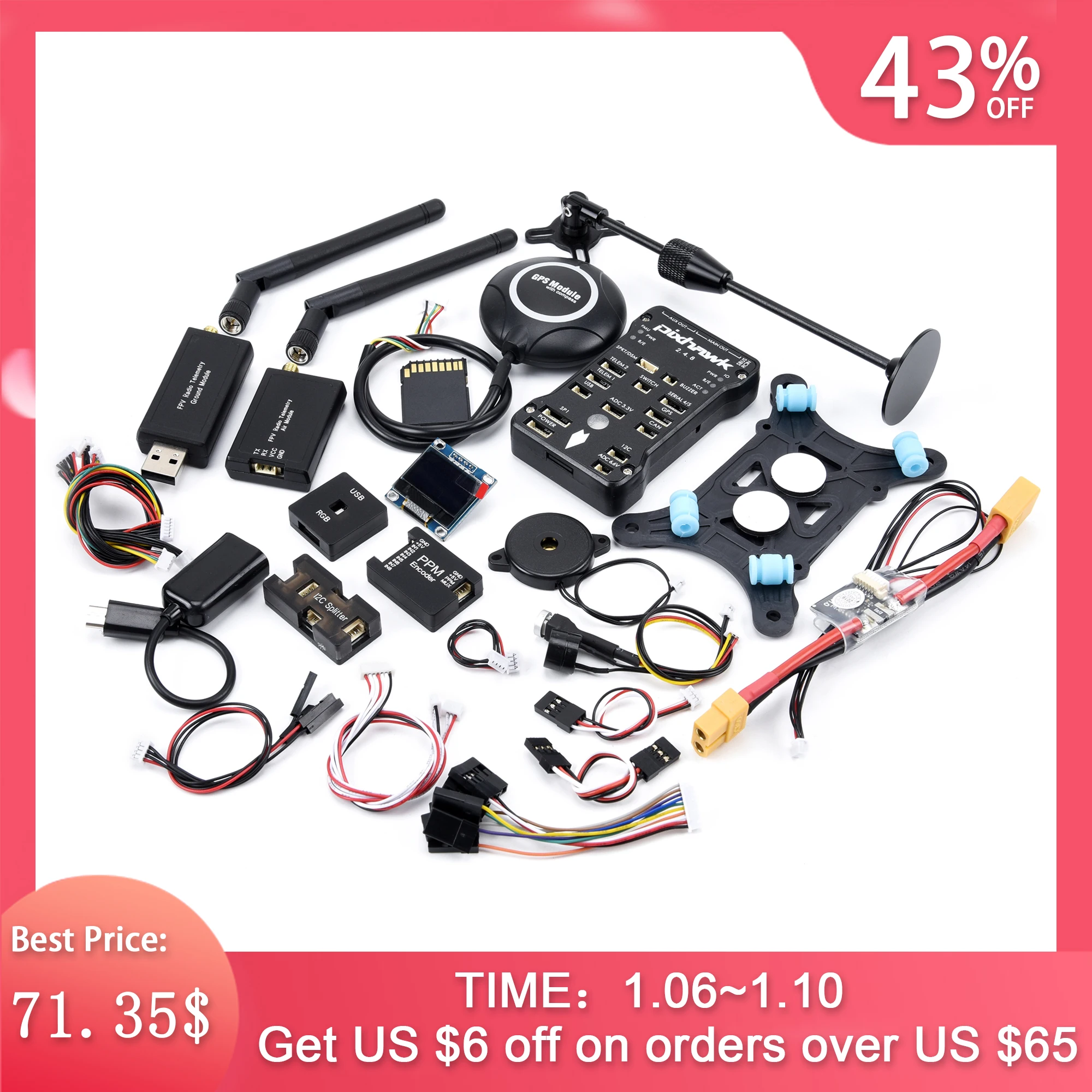  Pixhawk PX4 PIX 2.4.8 32 Bit Flight Controller + 433/915 Telemetrie + M8N GPS + Minim OSD + PM + Si