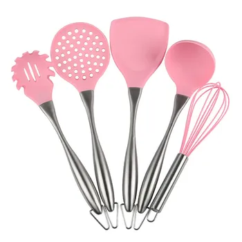 

5Pcs/Set Pink/Black Stainless Steel Handle Silicone Cooking Tool Sets Egg Beater Spoon Spatula Kitchenware Kitchen Utensils Sets